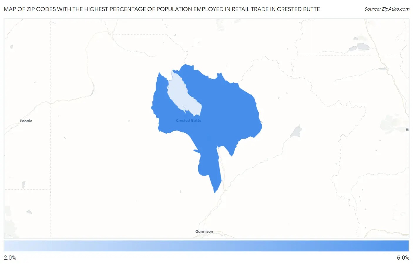 Zip Codes with the Highest Percentage of Population Employed in Retail Trade in Crested Butte Map