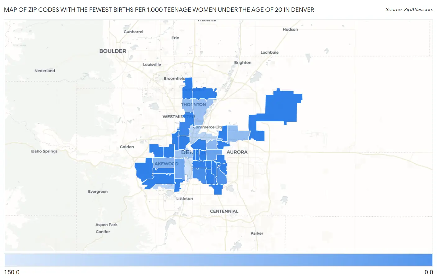 Zip Codes with the Fewest Births per 1,000 Teenage Women Under the Age of 20 in Denver Map