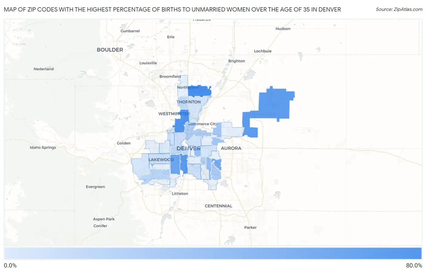 Zip Codes with the Highest Percentage of Births to Unmarried Women over the Age of 35 in Denver Map