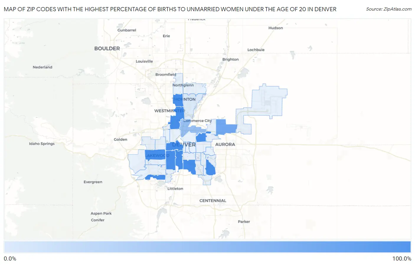 Zip Codes with the Highest Percentage of Births to Unmarried Women under the Age of 20 in Denver Map