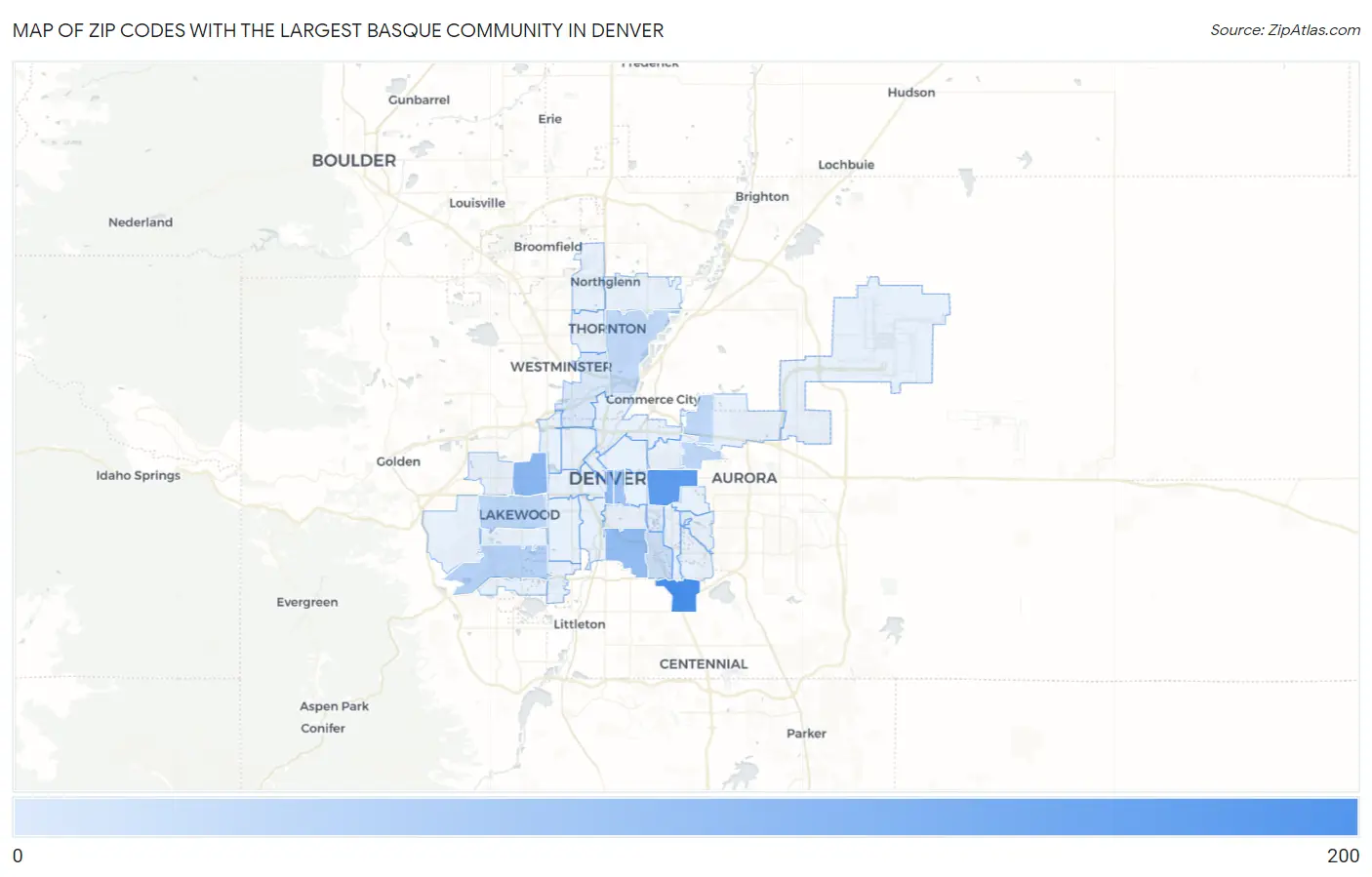 Zip Codes with the Largest Basque Community in Denver Map
