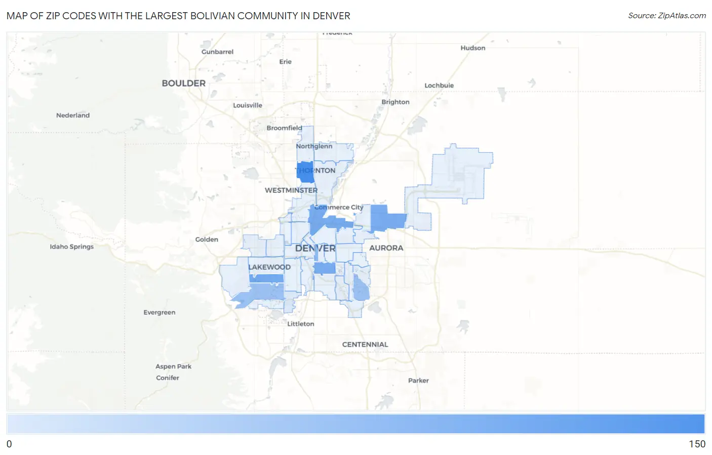 Zip Codes with the Largest Bolivian Community in Denver Map