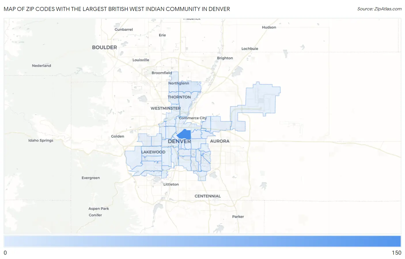 Zip Codes with the Largest British West Indian Community in Denver Map