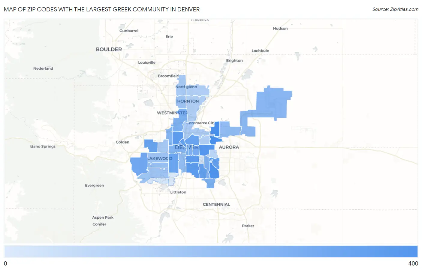 Zip Codes with the Largest Greek Community in Denver Map