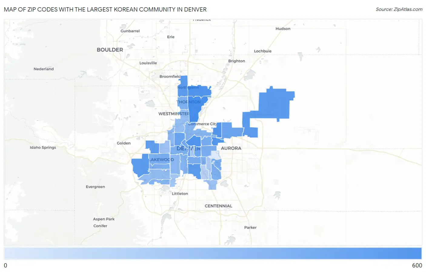 Zip Codes with the Largest Korean Community in Denver Map