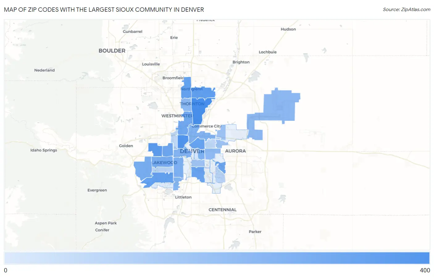 Zip Codes with the Largest Sioux Community in Denver Map