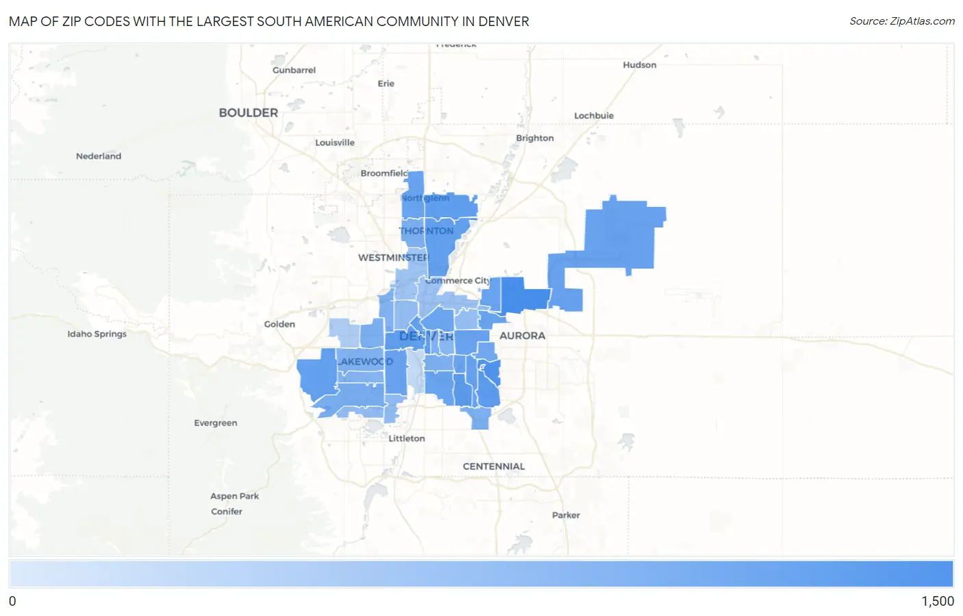 Zip Codes with the Largest South American Community in Denver Map