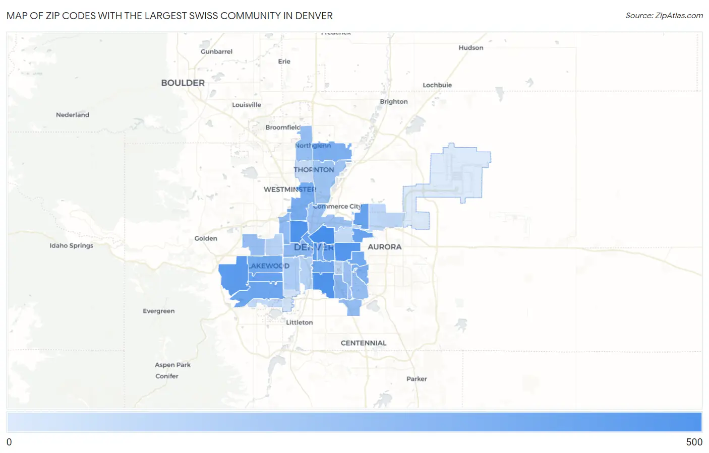 Zip Codes with the Largest Swiss Community in Denver Map