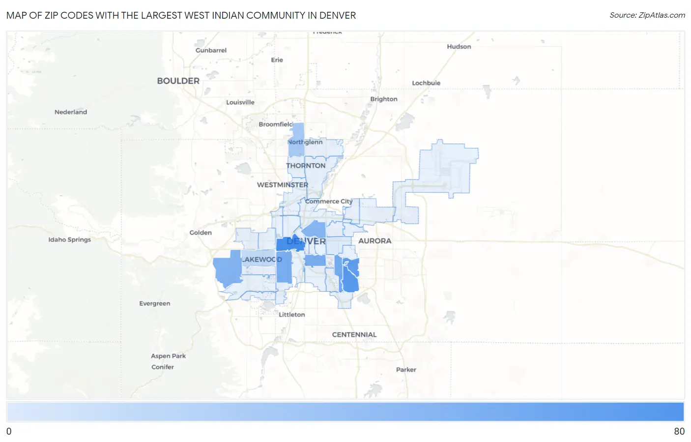 Zip Codes with the Largest West Indian Community in Denver Map