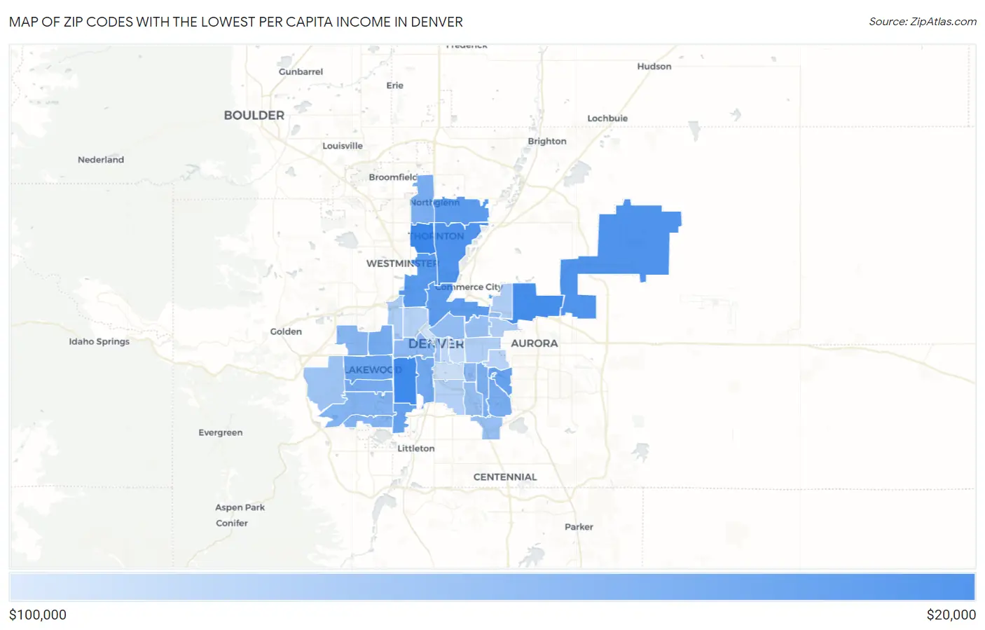 Zip Codes with the Lowest Per Capita Income in Denver Map