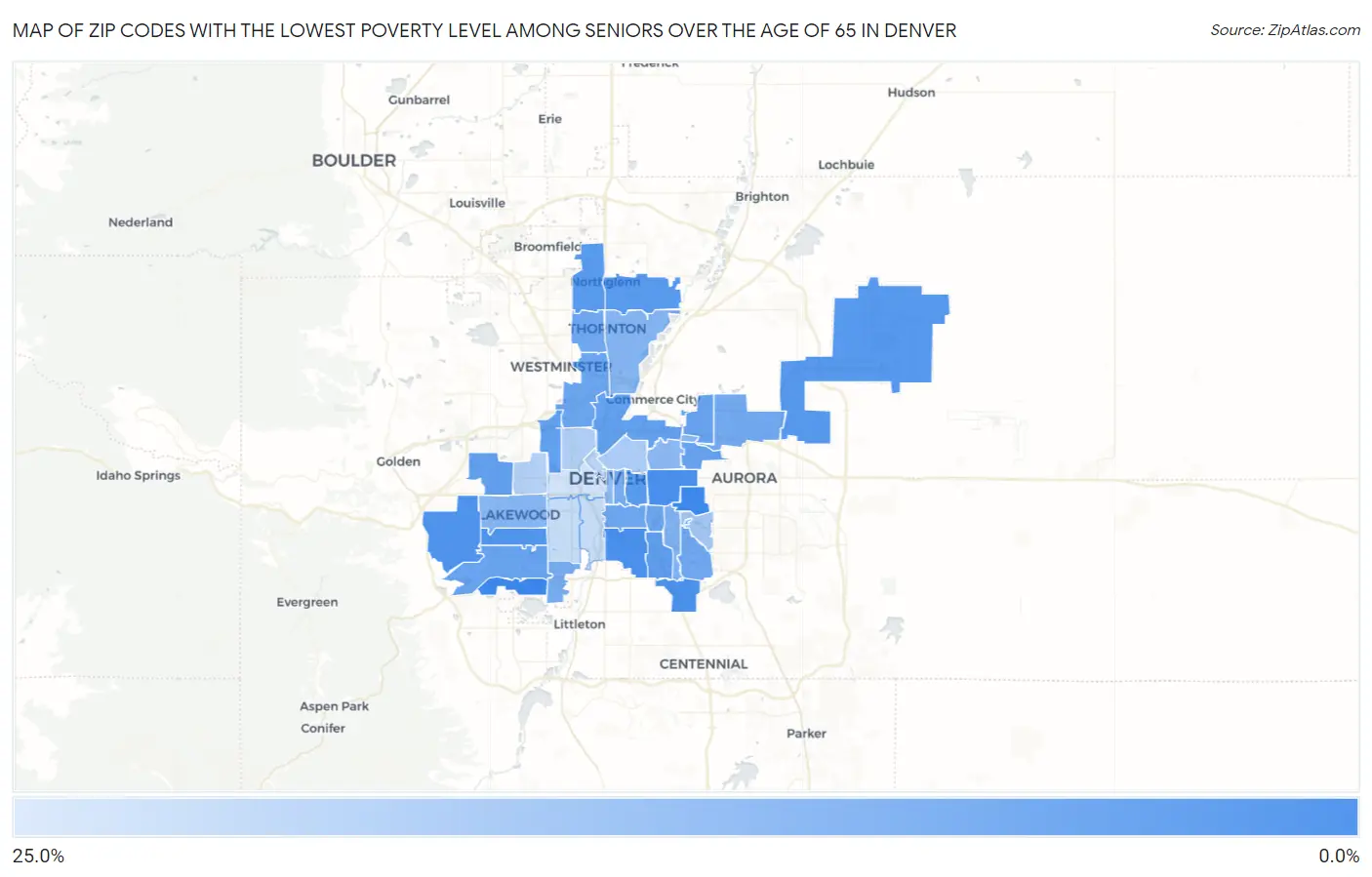 Zip Codes with the Lowest Poverty Level Among Seniors Over the Age of 65 in Denver Map