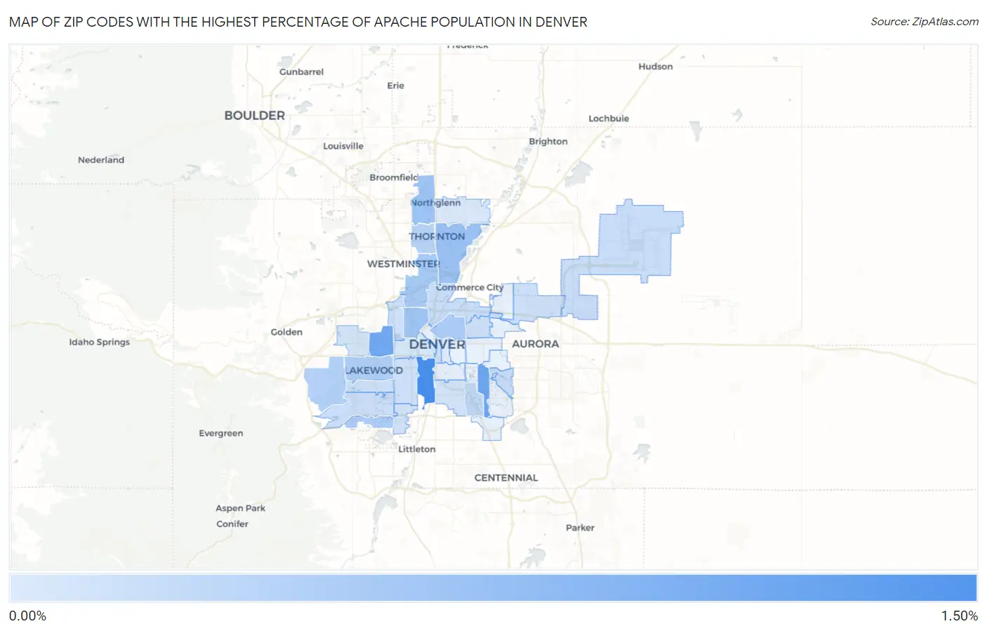 Zip Codes with the Highest Percentage of Apache Population in Denver Map