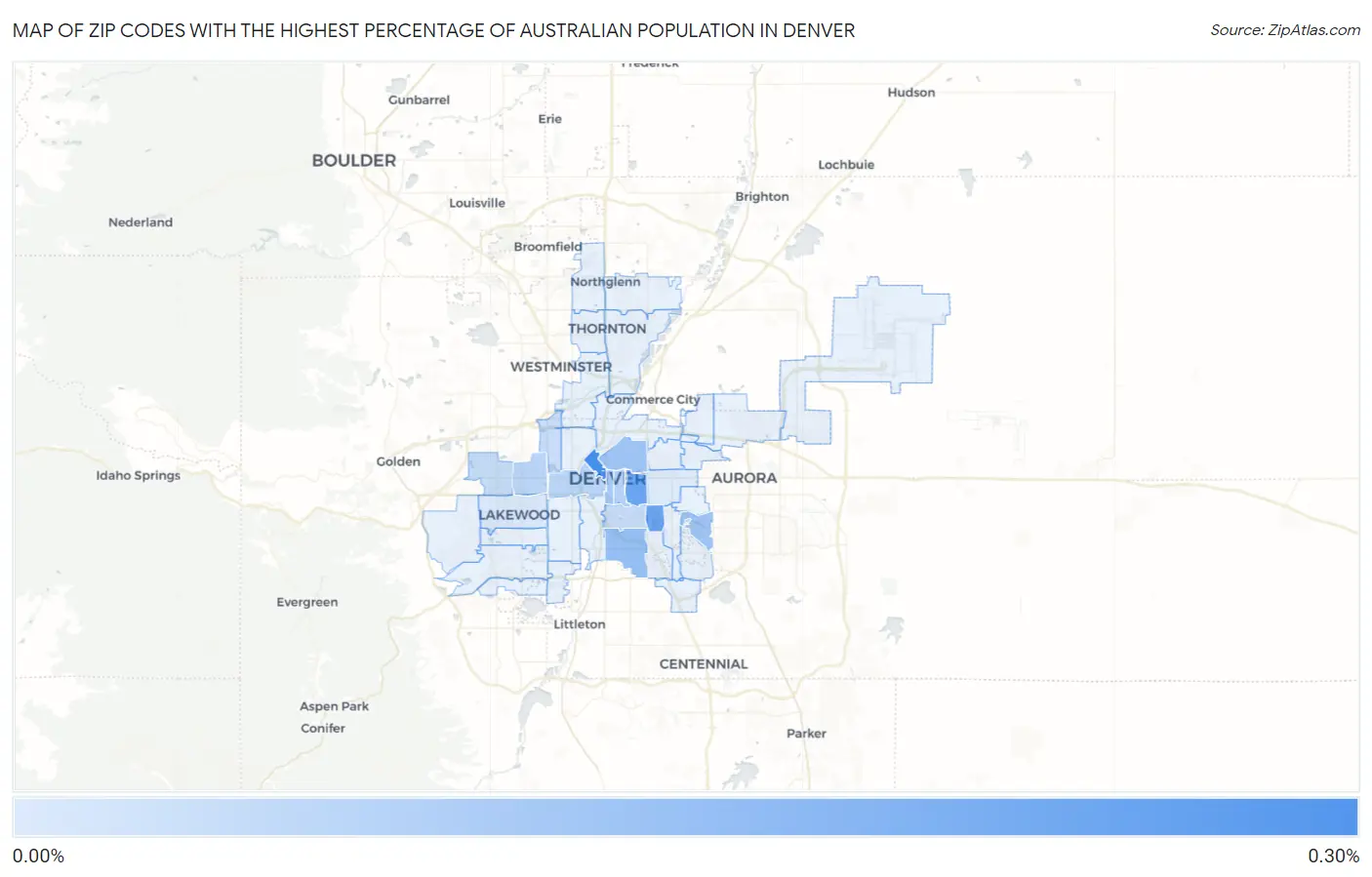 Zip Codes with the Highest Percentage of Australian Population in Denver Map