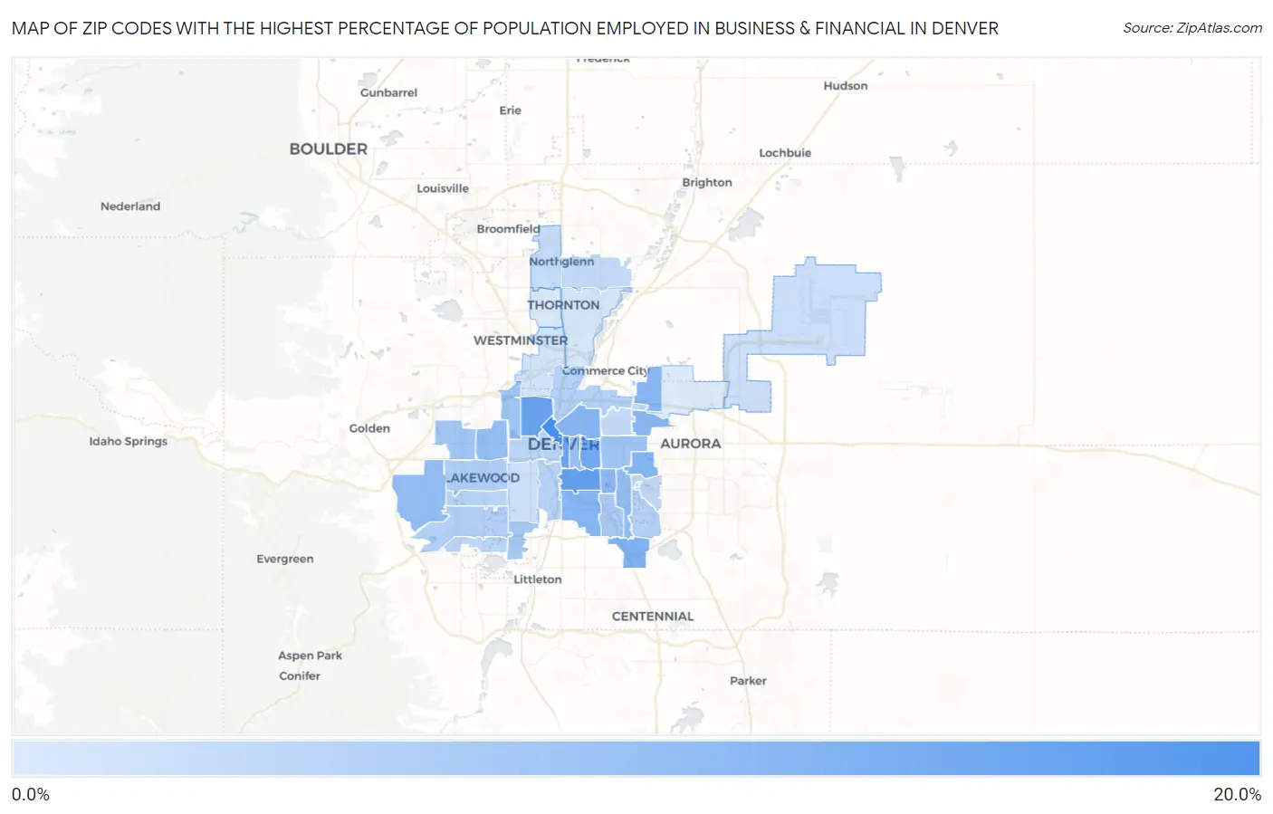 Zip Codes with the Highest Percentage of Population Employed in Business & Financial in Denver Map