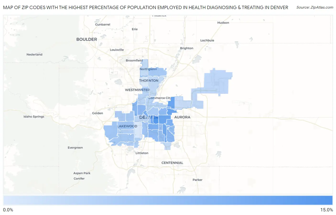 Zip Codes with the Highest Percentage of Population Employed in Health Diagnosing & Treating in Denver Map
