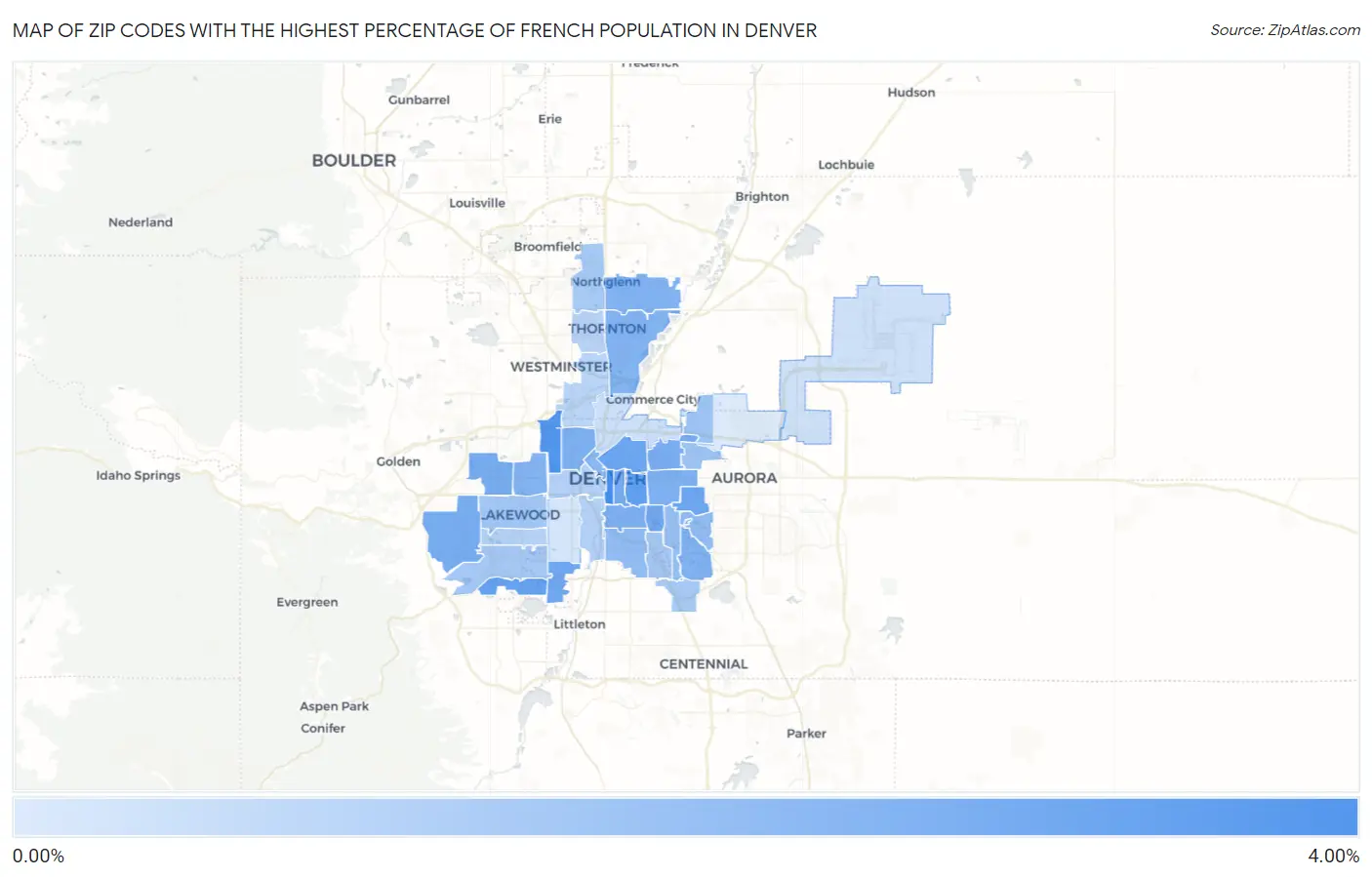 Zip Codes with the Highest Percentage of French Population in Denver Map
