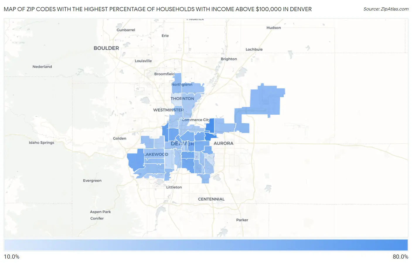 Zip Codes with the Highest Percentage of Households with Income Above $100,000 in Denver Map