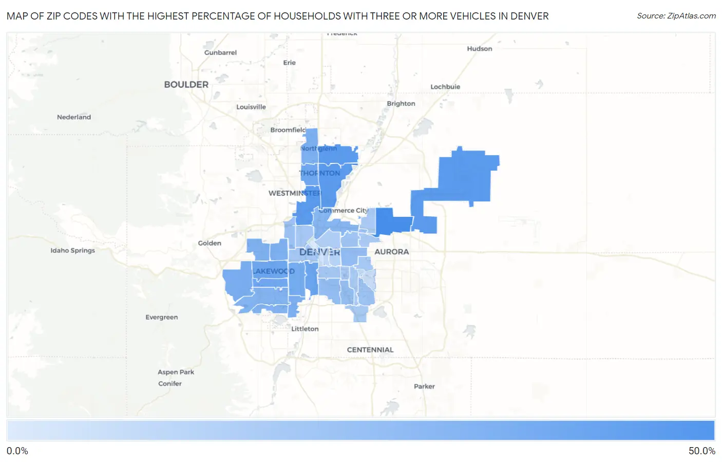 Zip Codes with the Highest Percentage of Households With Three or more Vehicles in Denver Map