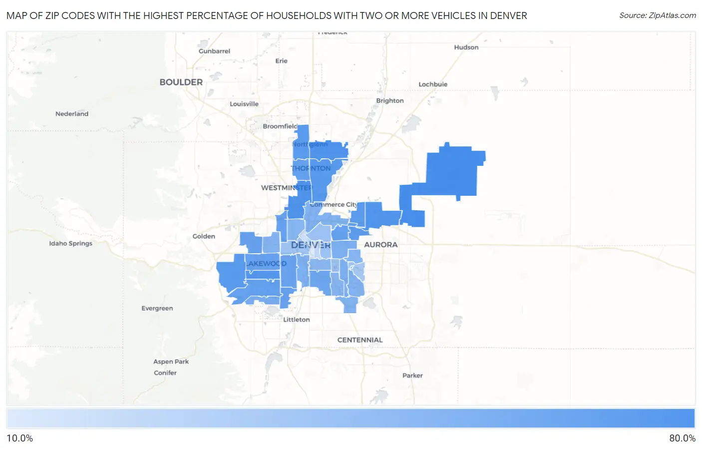Zip Codes with the Highest Percentage of Households With Two or more Vehicles in Denver Map