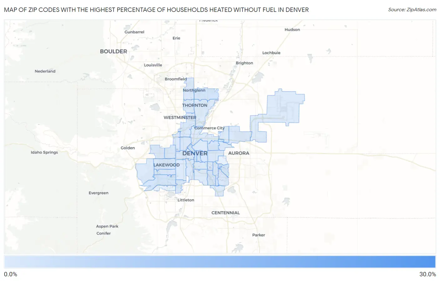 Zip Codes with the Highest Percentage of Households Heated without Fuel in Denver Map