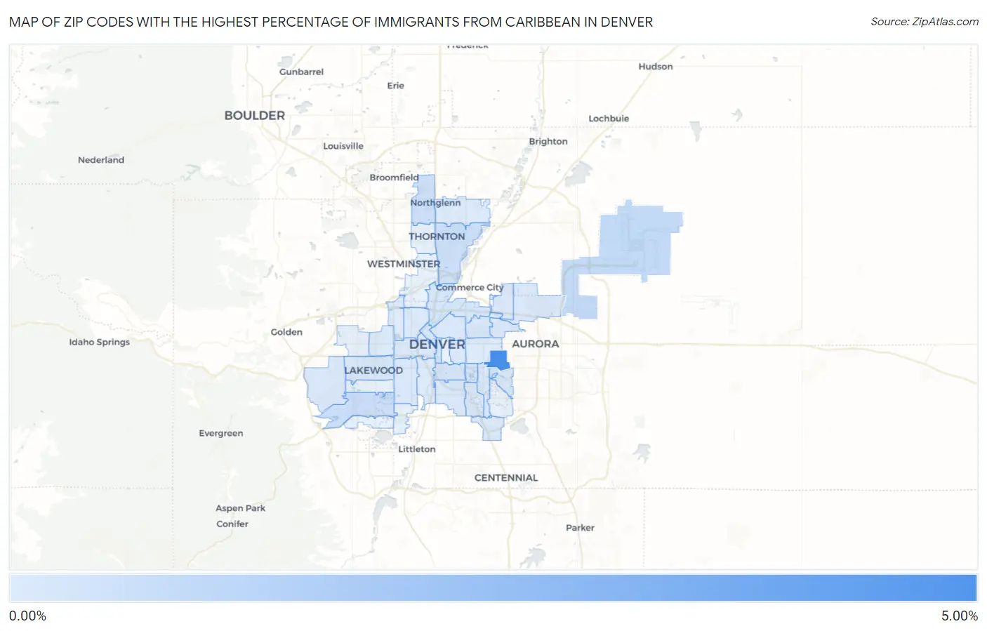 Zip Codes with the Highest Percentage of Immigrants from Caribbean in Denver Map