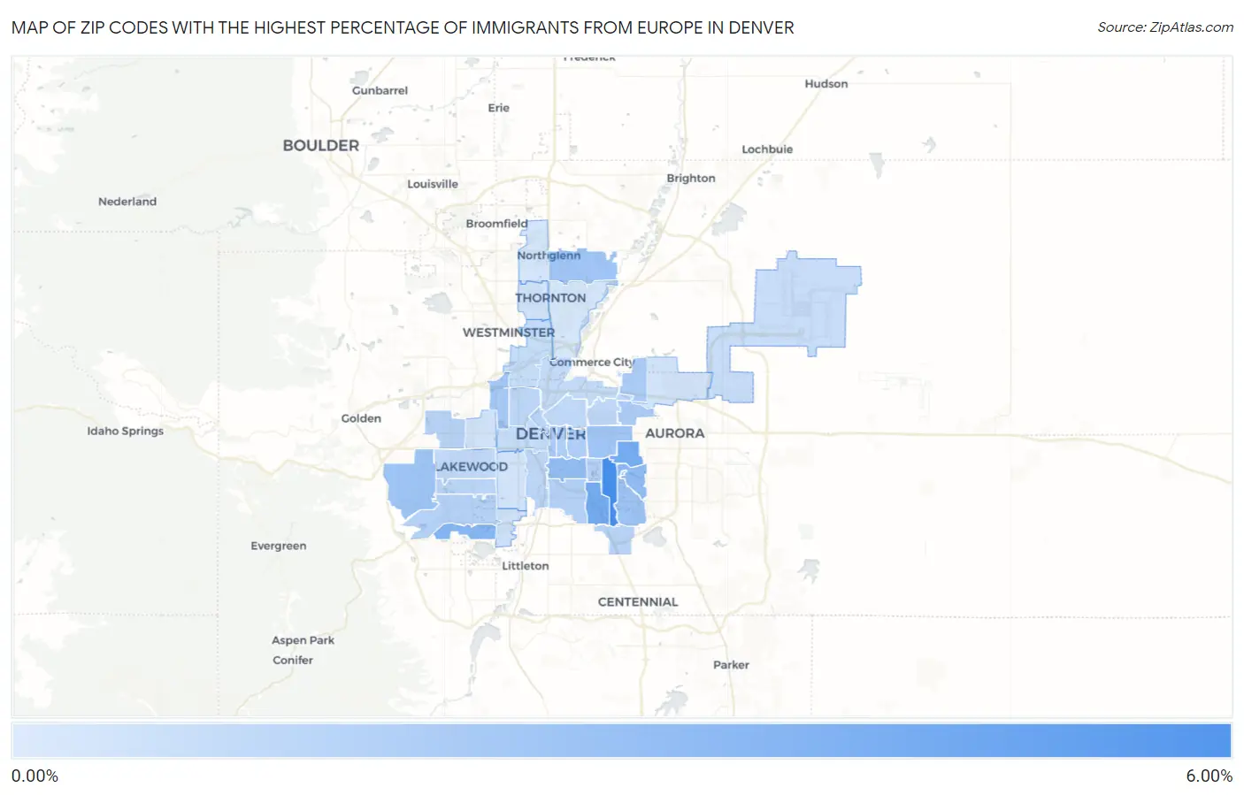 Zip Codes with the Highest Percentage of Immigrants from Europe in Denver Map