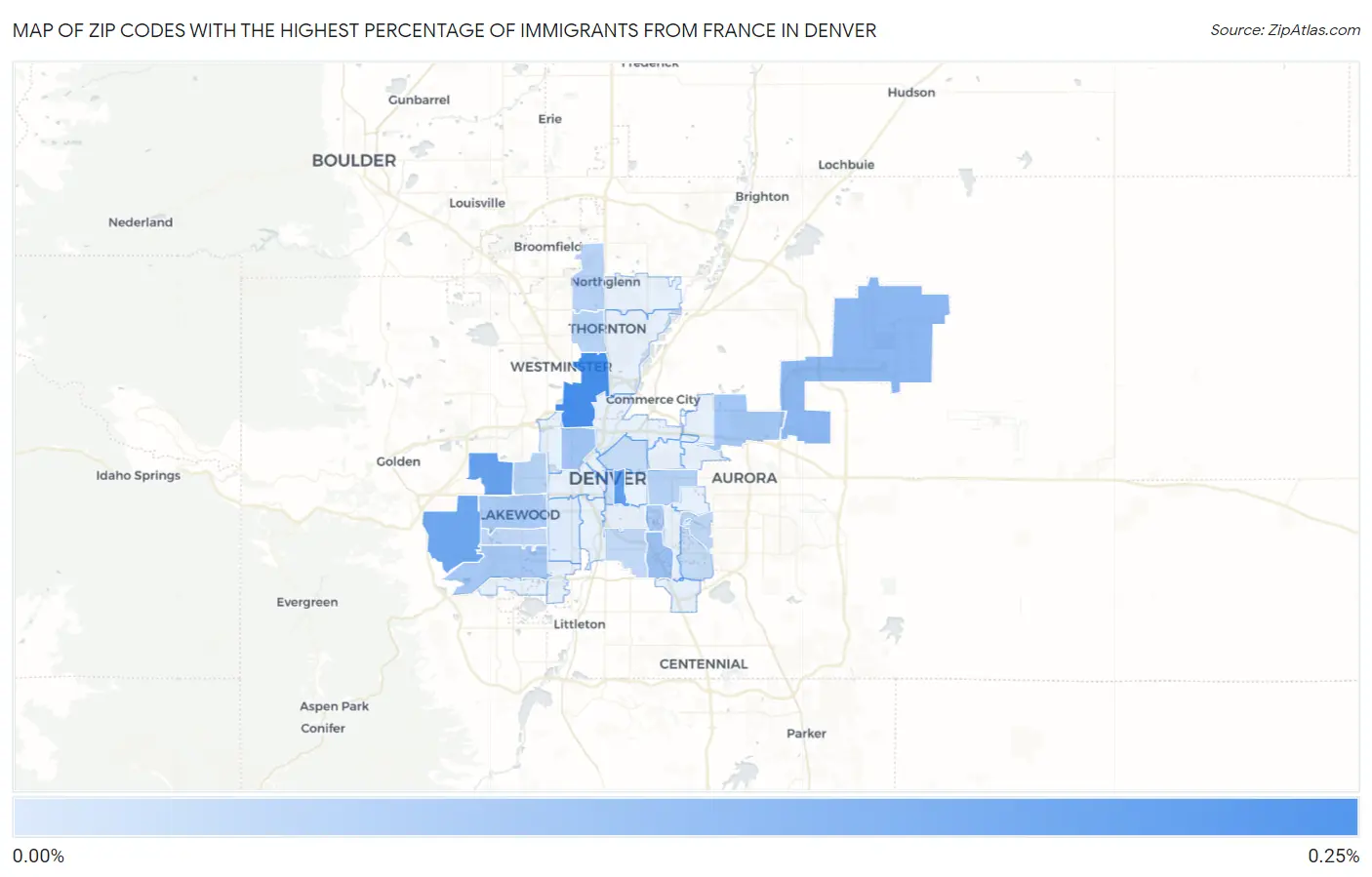 Zip Codes with the Highest Percentage of Immigrants from France in Denver Map
