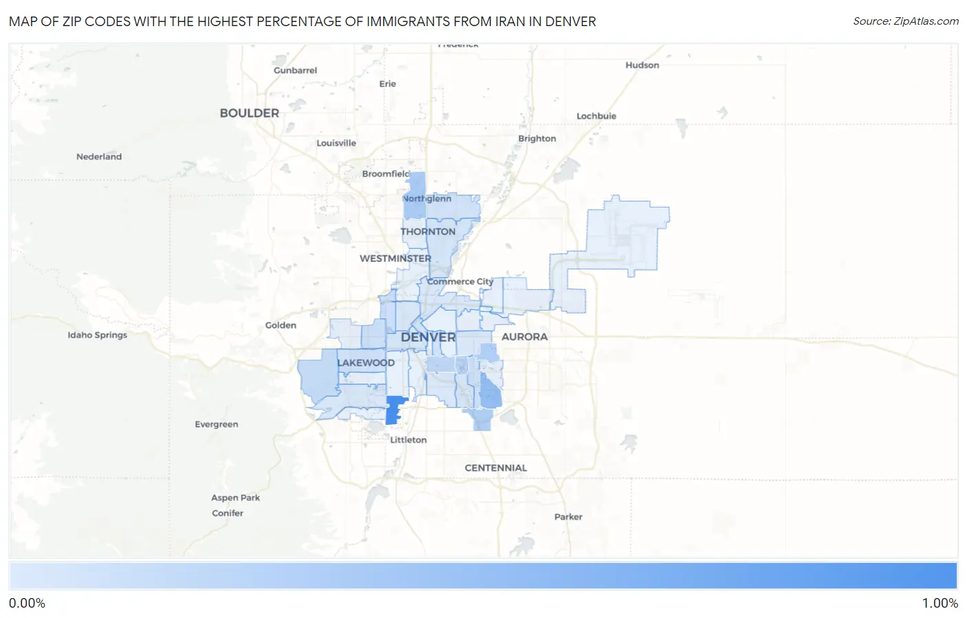 Zip Codes with the Highest Percentage of Immigrants from Iran in Denver Map
