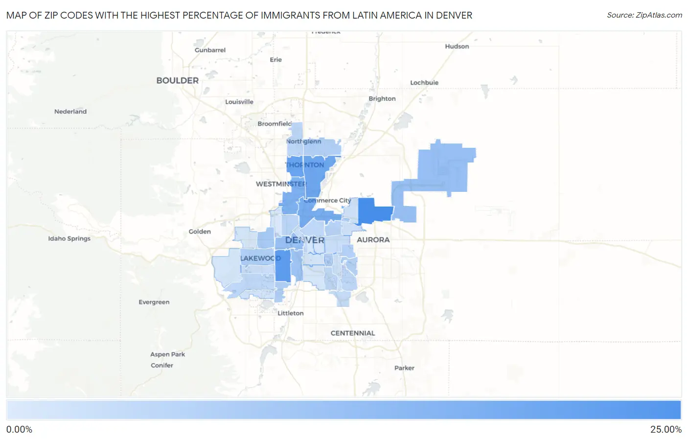 Zip Codes with the Highest Percentage of Immigrants from Latin America in Denver Map