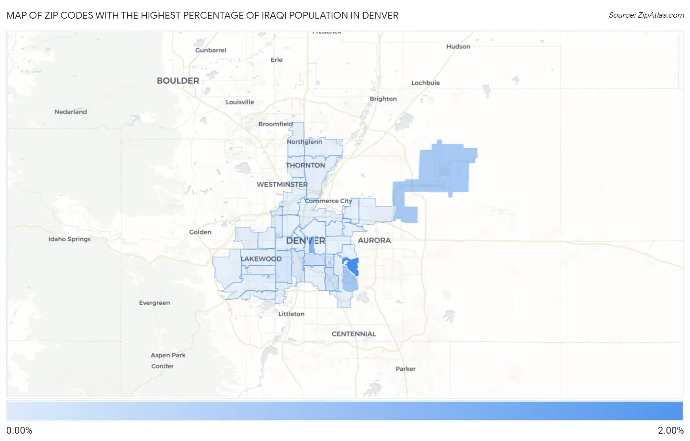 Zip Codes with the Highest Percentage of Iraqi Population in Denver Map