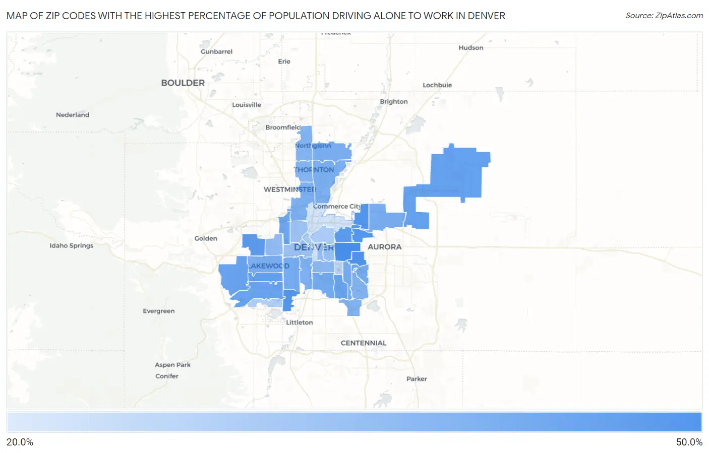 Zip Codes with the Highest Percentage of Population Driving Alone to Work in Denver Map