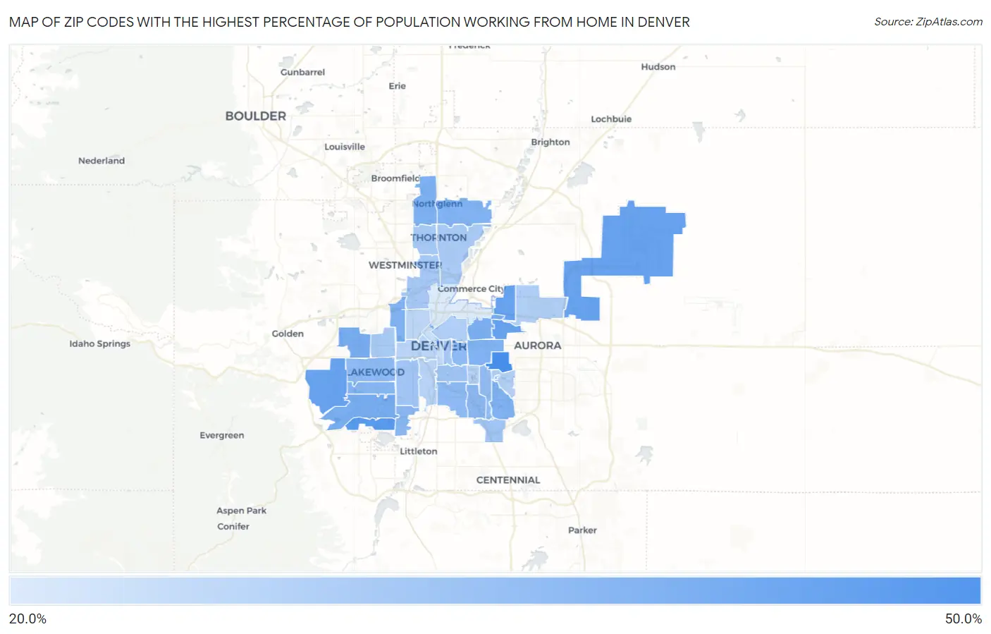 Zip Codes with the Highest Percentage of Population Working from Home in Denver Map