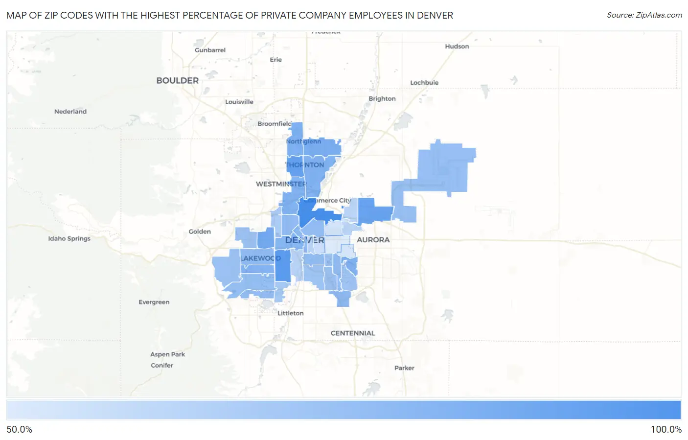 Zip Codes with the Highest Percentage of Private Company Employees in Denver Map