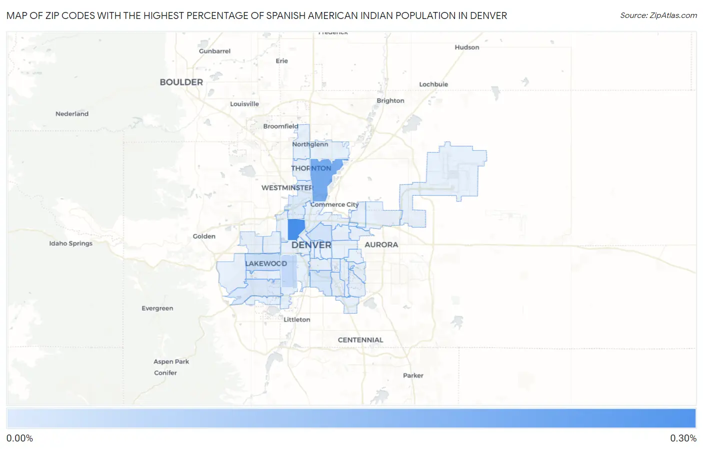 Zip Codes with the Highest Percentage of Spanish American Indian Population in Denver Map