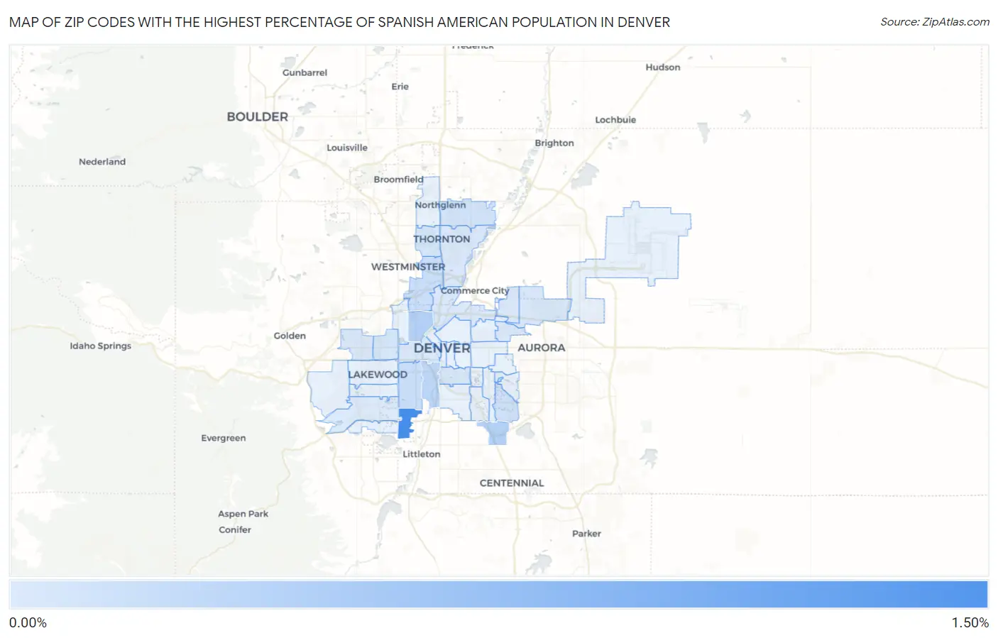 Zip Codes with the Highest Percentage of Spanish American Population in Denver Map