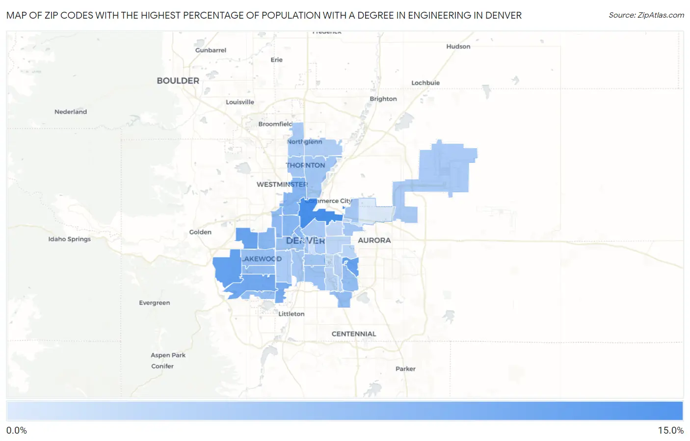 Zip Codes with the Highest Percentage of Population with a Degree in Engineering in Denver Map
