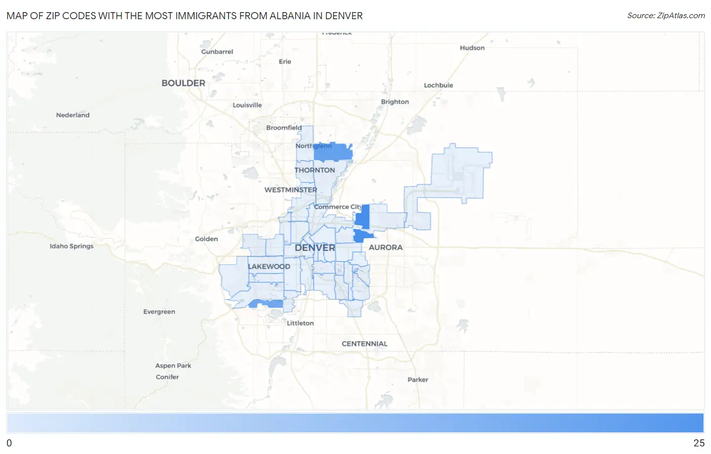 Zip Codes with the Most Immigrants from Albania in Denver Map