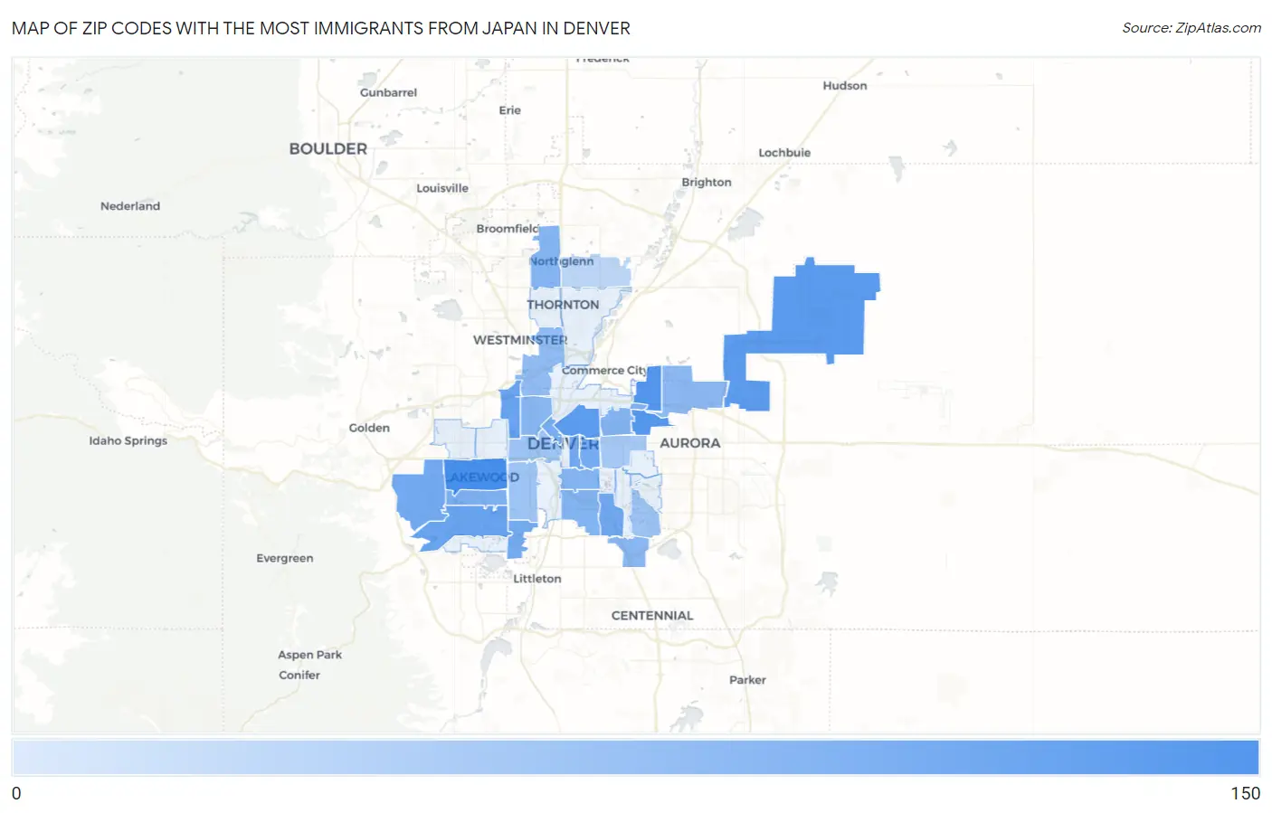 Zip Codes with the Most Immigrants from Japan in Denver Map