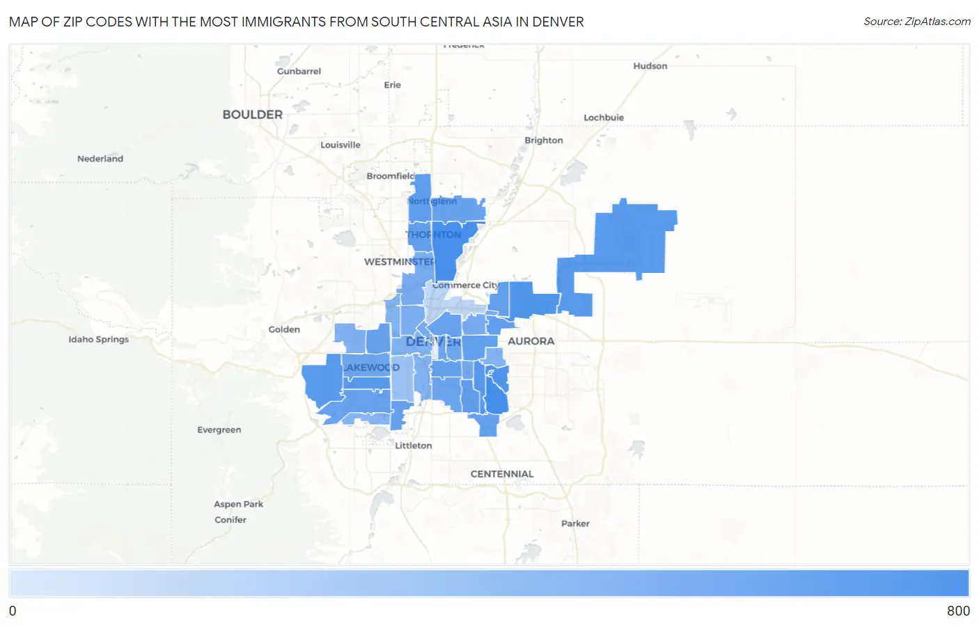 Zip Codes with the Most Immigrants from South Central Asia in Denver Map
