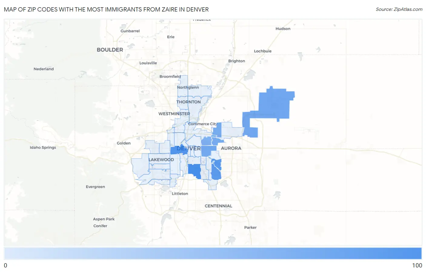Zip Codes with the Most Immigrants from Zaire in Denver Map
