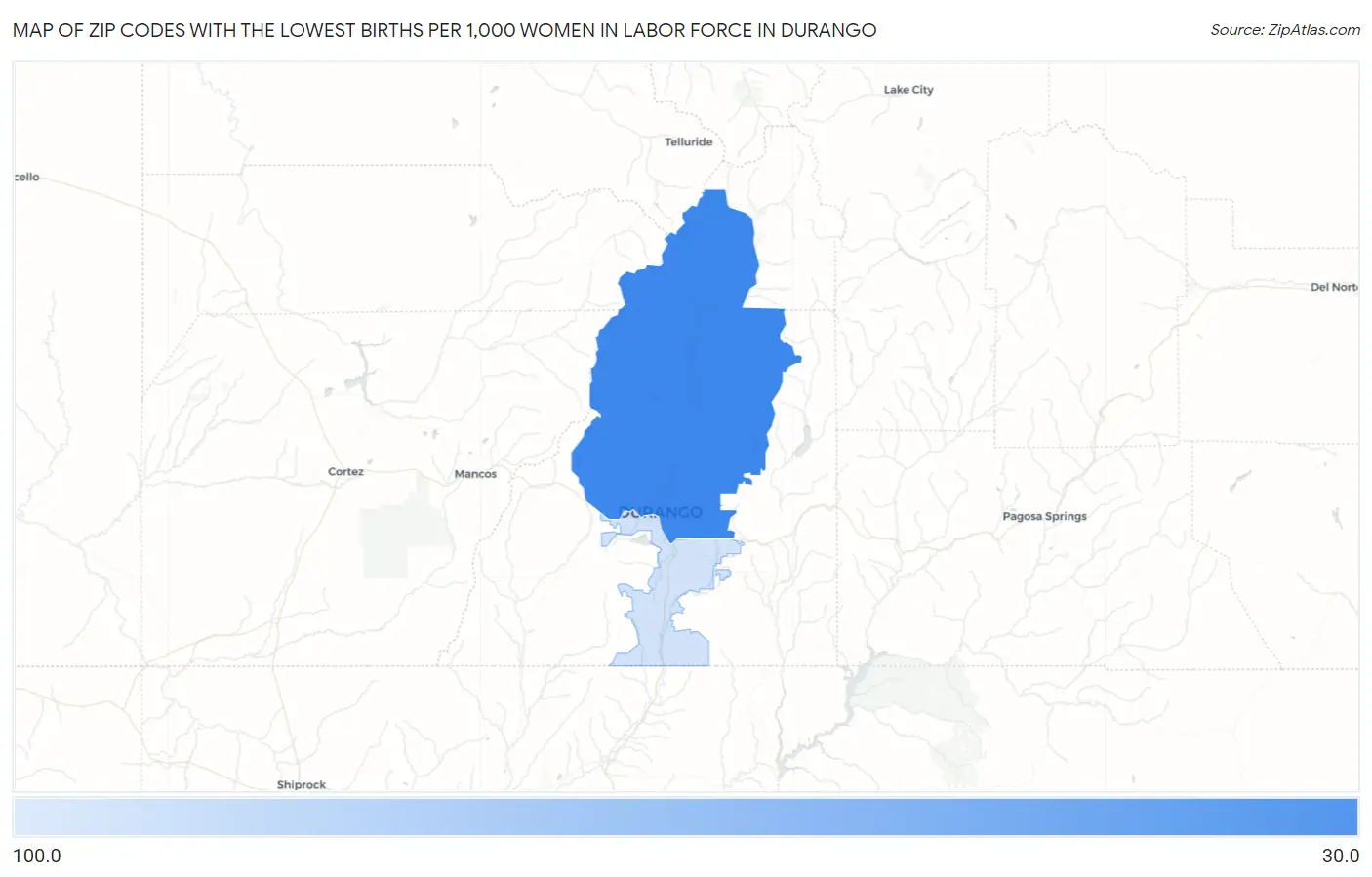 Zip Codes with the Lowest Births per 1,000 Women in Labor Force in Durango Map