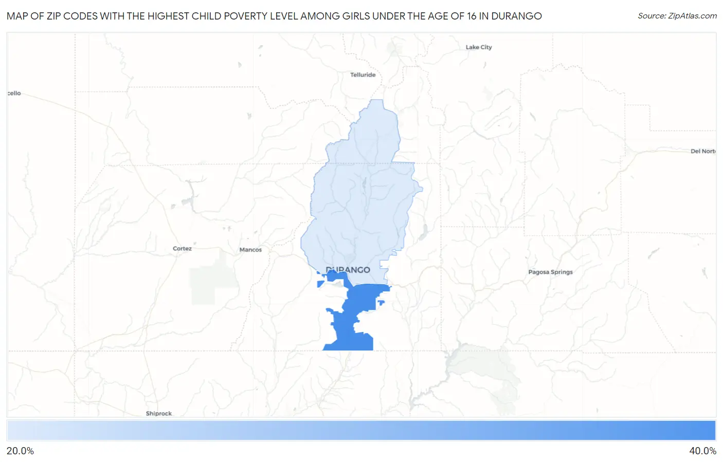 Zip Codes with the Highest Child Poverty Level Among Girls Under the Age of 16 in Durango Map