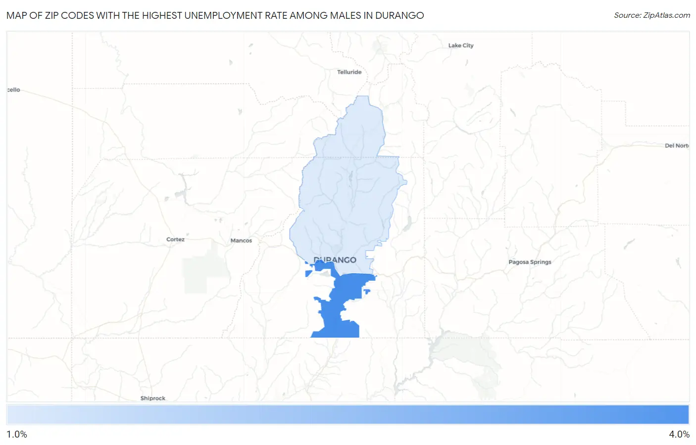 Zip Codes with the Highest Unemployment Rate Among Males in Durango Map
