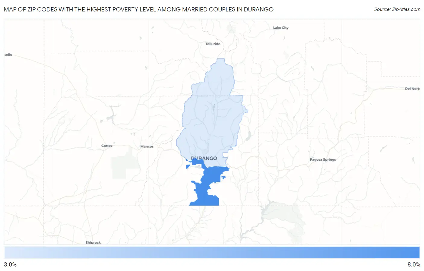 Zip Codes with the Highest Poverty Level Among Married Couples in Durango Map