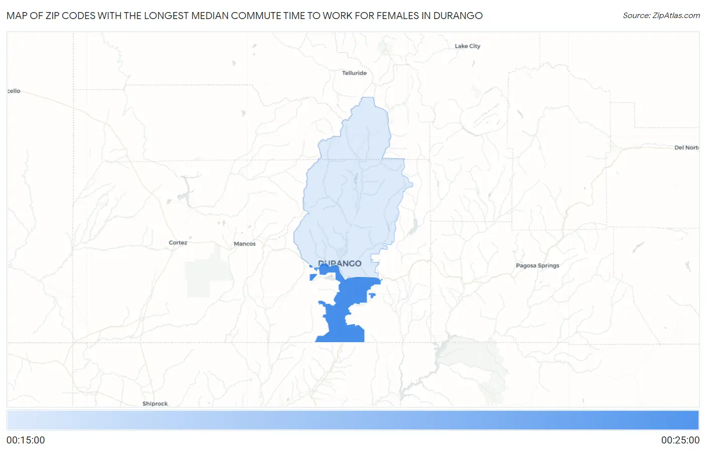 Zip Codes with the Longest Median Commute Time to Work for Females in Durango Map