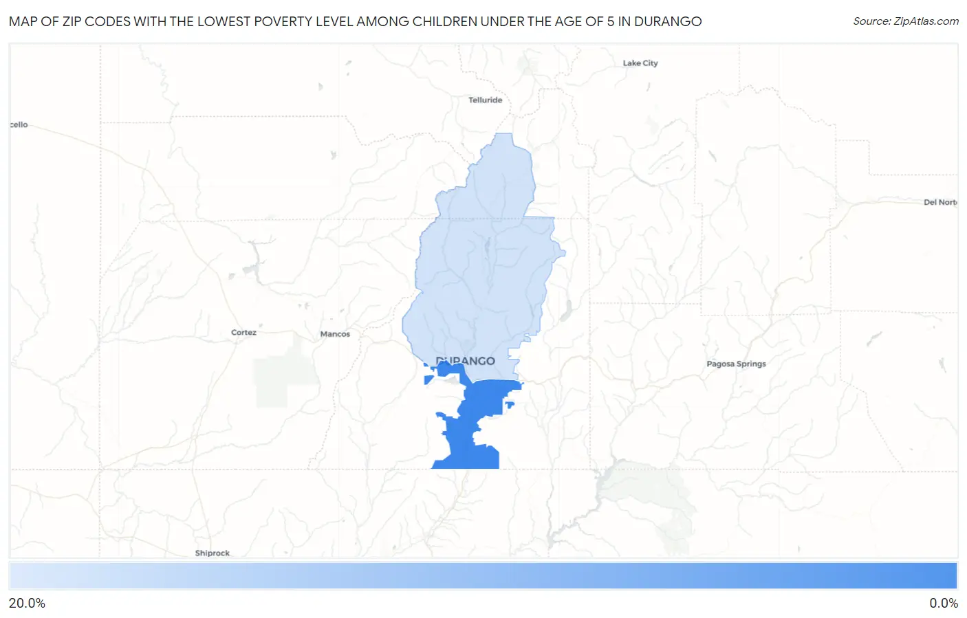 Zip Codes with the Lowest Poverty Level Among Children Under the Age of 5 in Durango Map