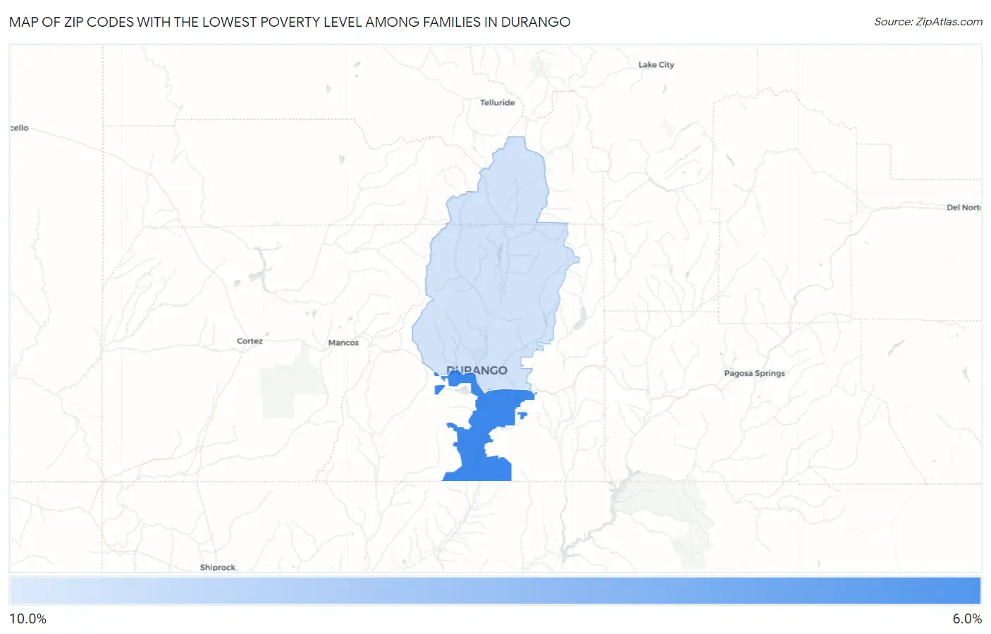Zip Codes with the Lowest Poverty Level Among Families in Durango Map