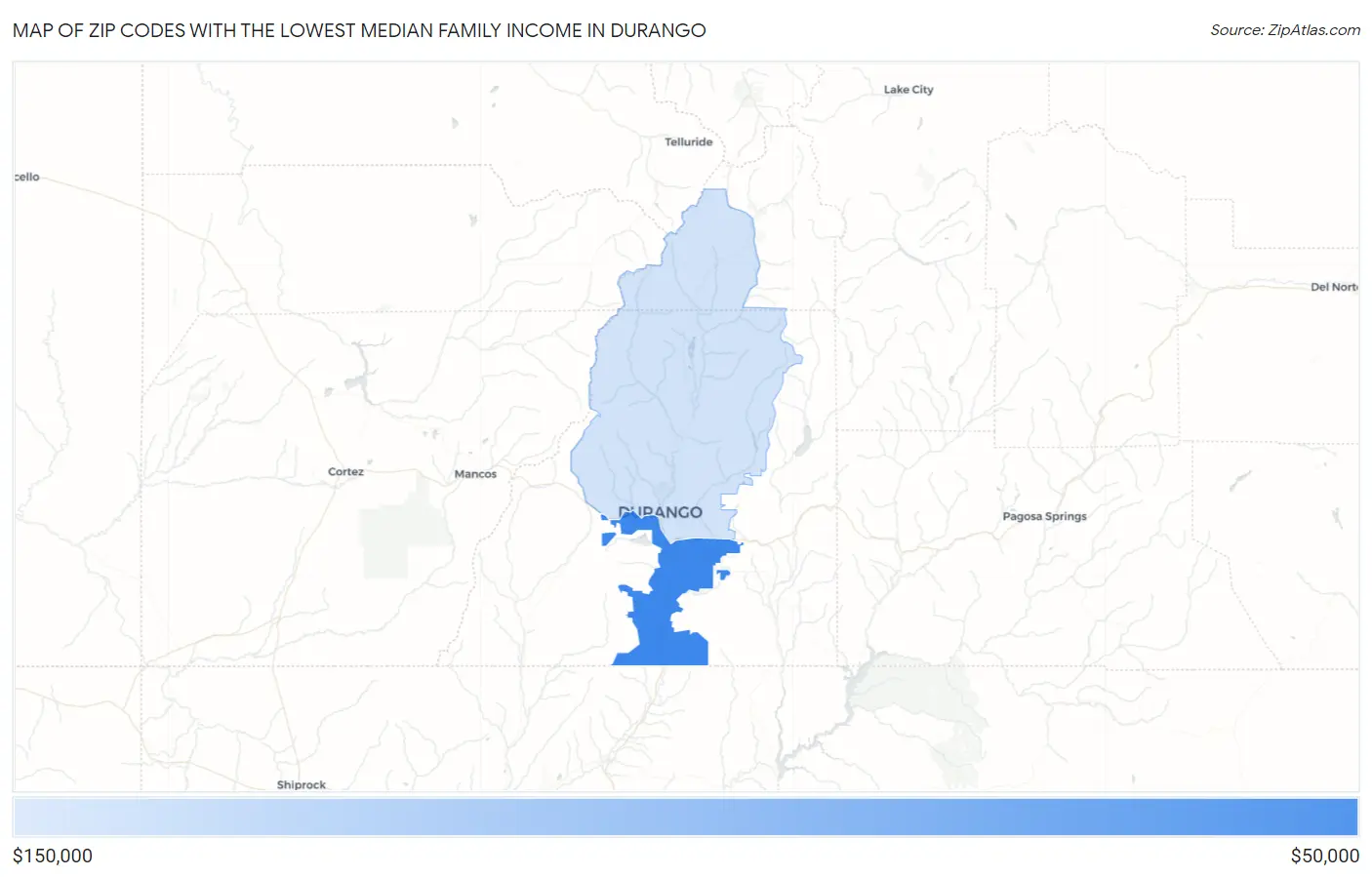 Zip Codes with the Lowest Median Family Income in Durango Map