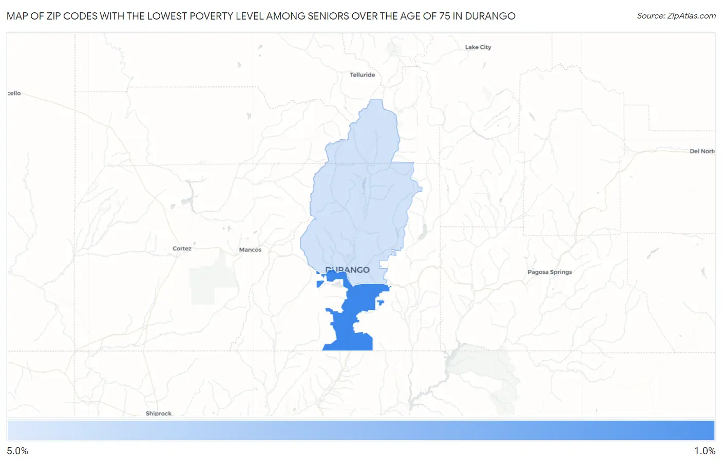 Zip Codes with the Lowest Poverty Level Among Seniors Over the Age of 75 in Durango Map