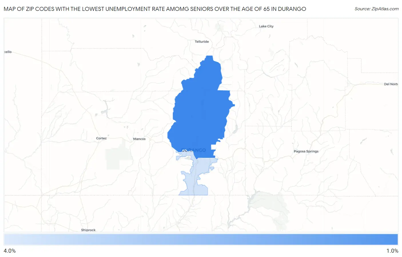 Zip Codes with the Lowest Unemployment Rate Amomg Seniors Over the Age of 65 in Durango Map